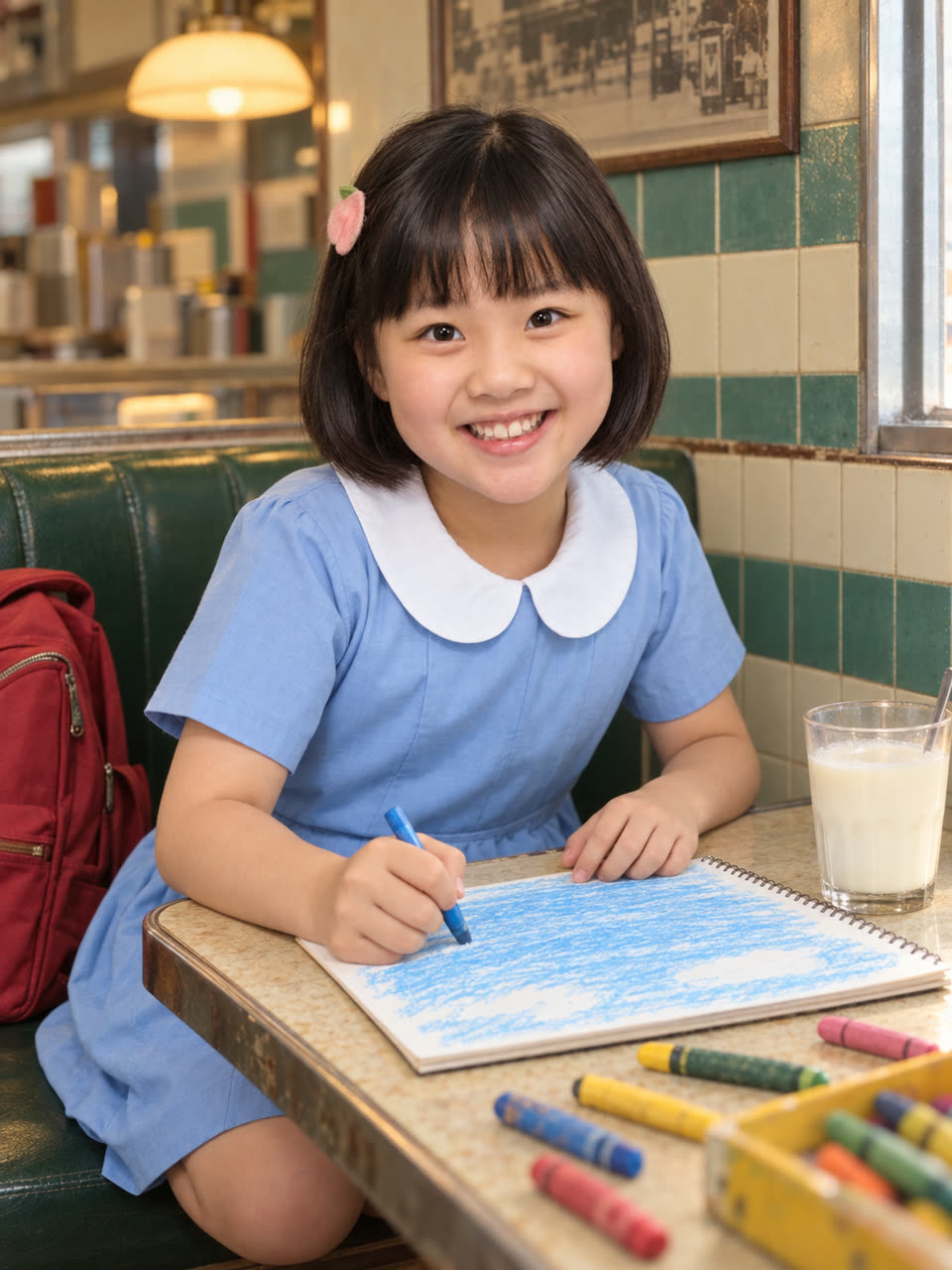 MOMO 何桃桃 — Primary 4 · grows up in the cha chaan teng · loves painting the sky (AI)